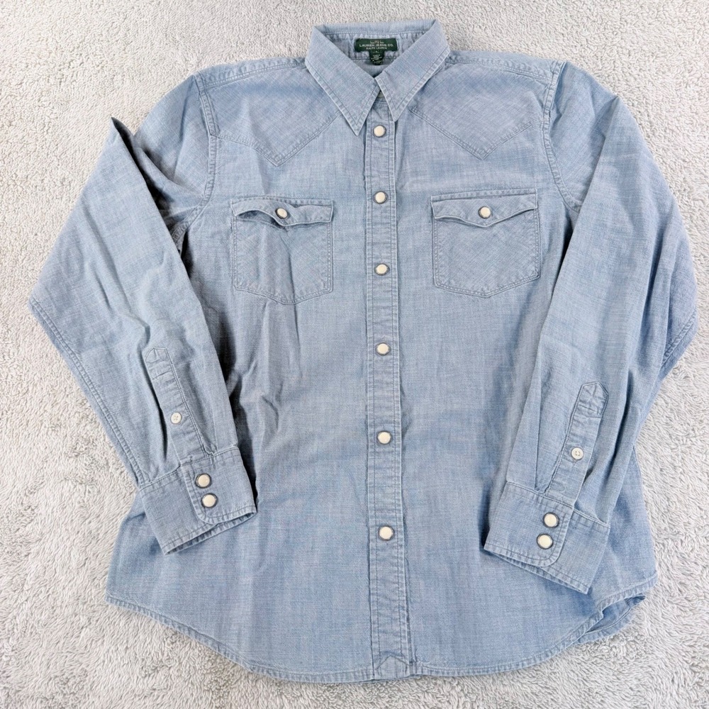 Lauren Jeans Co Ralph Lauren Western Shirt Women Large Blue Snap Chambray Shirt